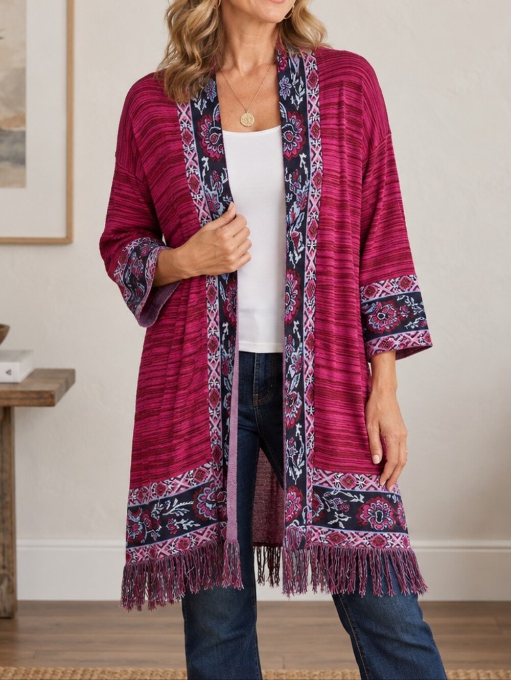 Ruby Rd. Womens Aztec Longline Cardigan Size L Dark Fuchsia Fringe Open Mature